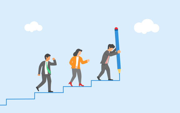 Leader guides the team to reach the target. The leader's expertise brings the team to success. Career improvement. The business leader draws the stairs with a pencil and the others followed