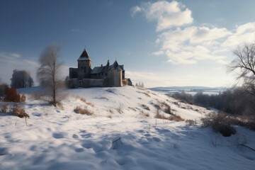 Forgotten medieval castle and small settlement and cold winter generative ai