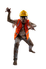 A scary construction worker zombie with blood and wounds on his body walking