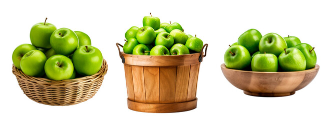 Wicker basket, wooden bucket and wooden bowl full of green apples over white transparent background - obrazy, fototapety, plakaty