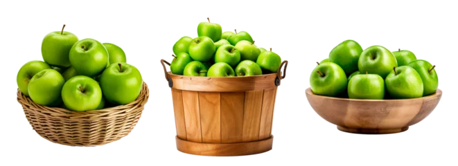 Fotobehang Wicker basket, wooden bucket and wooden bowl full of green apples over white transparent background © LorenaPh
