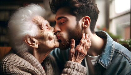 Old granny kissing young handsome man, age doesn't matter concept, love and romance background, people template  - obrazy, fototapety, plakaty