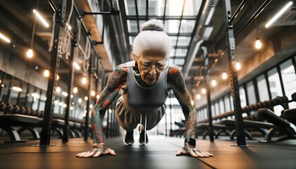 Portrait of elderly grey tattooed woman doing push ups in the  gym, active seniors background, healthy lifestyle concept  - obrazy, fototapety, plakaty