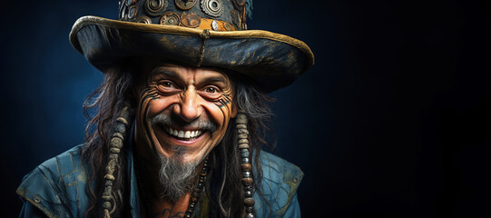 portrait of a happy smiling pirate captain in a hat on a blue background with copy space