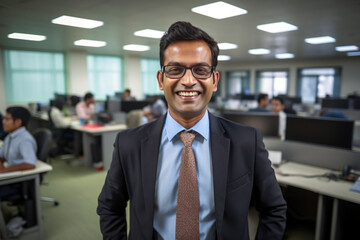Fototapeta premium happy smiling indian business man looking at camera standing in office