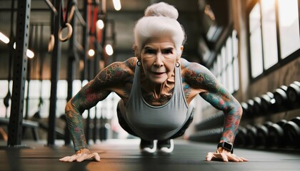 Portrait of elderly grey tattooed woman doing push ups in the  gym, active seniors background,...