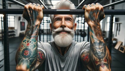Portrait of elderly grey tattooed man doing pull ups in the  gym, active seniors background, healthy lifestyle concept 