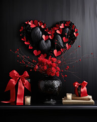 Valentine's Day arrangement with flowers, black and red,, beautifully decorated, background, card or gift, aspect ratio 4:5