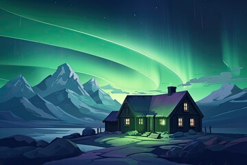 little wooden house on polar lights sky background in winter illustration - obrazy, fototapety, plakaty