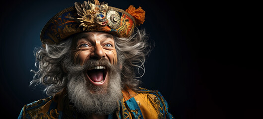 portrait of a funny old pirate captain in a hat on a dark background with copy space