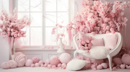 Rolgordijnen The Valentine's Day surprise is the beautifully decorated room in rose and white., card or gift © Erich