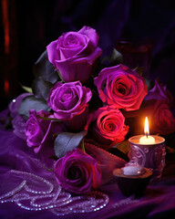 Valentine's Day arrangement with purple flowers and heart, beautifully decorated, background, card or gift, aspect ratio 4:5