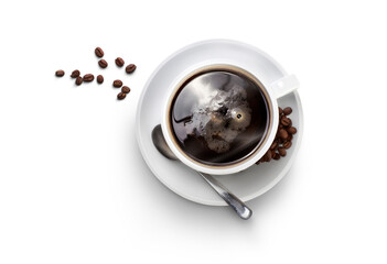 Looking down onto a hot freshly made cup of black coffee in a white cup and saucer with silver spoon and coffee beans isolated against a transparent background.