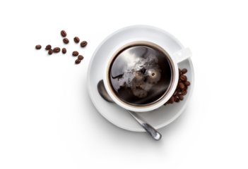 Looking down onto a hot freshly made cup of black coffee in a white cup and saucer with silver spoon and coffee beans isolated against a transparent background.