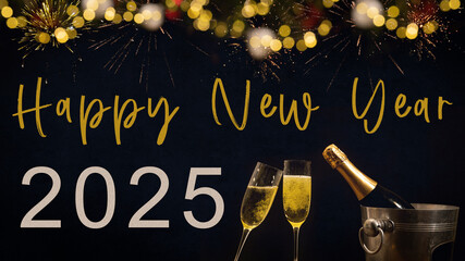 HAPPY NEW YEAR 2025 celebration holiday greeting card background with text - Champagne or sparkling...