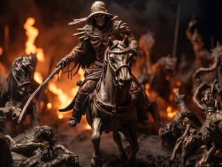 Black horseman skull of apocalypse riding black horse AI