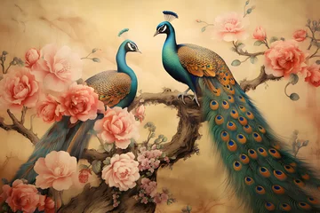 Deurstickers Wallpaper painting of a peacock bird in bright, beautiful colors among flowers, roses, branches and butterflies, vintage drawing style background © Prasanth