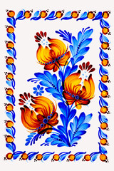 Flowers arrangement and frame. Watercolor illustration.