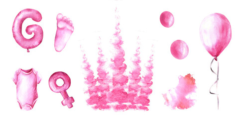 Newborn, gender reveal or birthday party Baby Girl clipart set. Air ballon pink splashes body suit, footprint, letter G and female sign Watercolor hand drawn illustrations isolated on white background