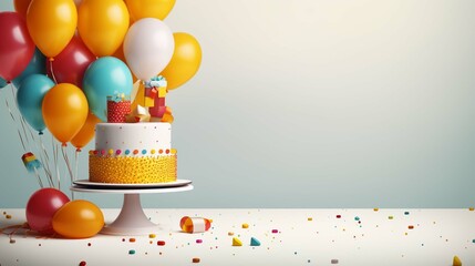 Birthday or anniversary cake celebration with balloons and party decoration