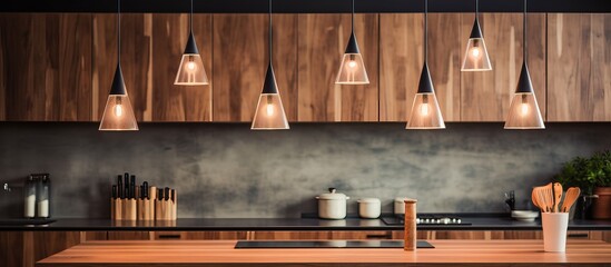 Contemporary pendant lighting above wooden island in kitchen - obrazy, fototapety, plakaty