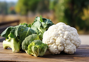 Fresh cauliflower, cabbage and broccoli on a wooden table, in the field. Healthy food concept. AI generated