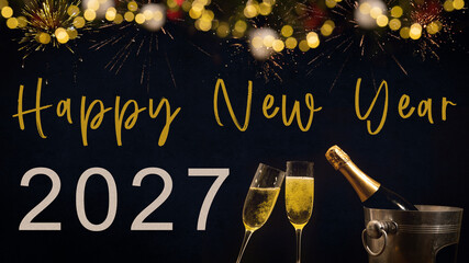 HAPPY NEW YEAR 2027 celebration holiday greeting card background with text - Champagne or sparkling wine bottle, bucket and clinking glasses, firework and bokeh lights in the night - obrazy, fototapety, plakaty