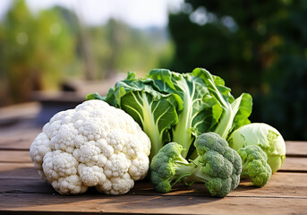 Fresh cauliflower, cabbage and broccoli on a wooden table, in the field. Healthy food concept. AI generated - obrazy, fototapety, plakaty