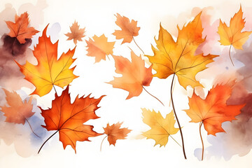 Watercolor abstract background autumn collection with maple and seasonal leaves. Hand-painted watercolor natural art