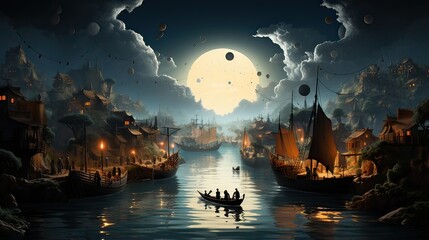 Fantasy landscape with old ship and full moon
