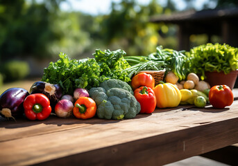 Wooden table with the most varied fresh vegetables, in the field. Healthy food concept. AI generated
