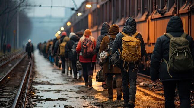 Group of people with backpacks walking on the railway tracks at evening after rainfall