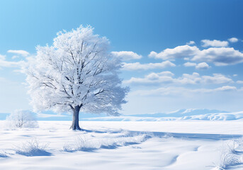 White tree isolated in cold winter landscape with lots of snow. AI generated