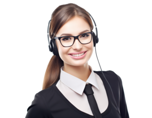 Smiling call center assistant wearing headset, cut out
