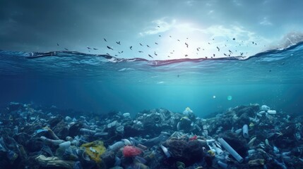 A lot of plastic debris in the ocean water - obrazy, fototapety, plakaty