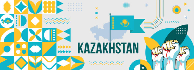 Kazakhstan national or independence day banner design for country celebration. Flag and map of Finland with raised fists. Modern retro design with abstract geometric icons. Vector illustration.	