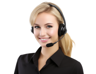 Smiling call center assistant wearing headset, cut out