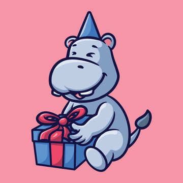 Hippo Birthday Cartoon Illustration