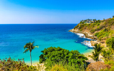 Beach sand blue turquoise water waves panorama Carrizalillo Puerto Escondido.