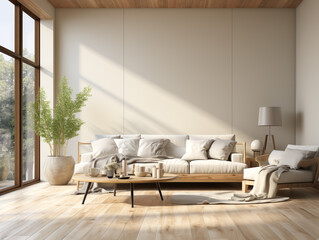 Modern living room, white interior, subtle furniture in the space, empty mock-up wall, clean wall