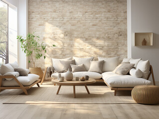 Modern living room, white interior, subtle sofa furniture in the space, window, brick wall