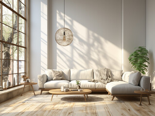 Modern living room, white interior, subtle furniture in the space, empty mock-up wall, clean wall