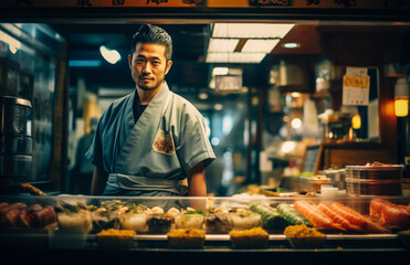 Japanese sushi chef at traditional sushi counter, Kanō school craftsmanship, Edo period scene. Generated AI. - obrazy, fototapety, plakaty
