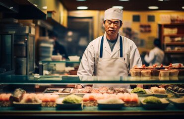 Fototapeta na wymiar Japanese sushi chef at traditional sushi counter, Kanō school craftsmanship, Edo period scene. Generated AI.