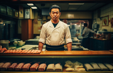 Japanese sushi chef at traditional sushi counter, Kanō school craftsmanship, Edo period scene. Generated AI.