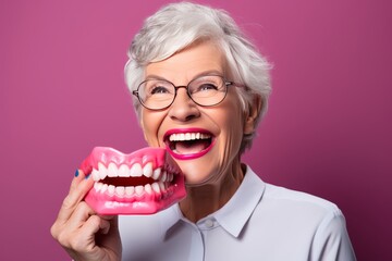 Senior Woman Showcasing Full Set Dentures