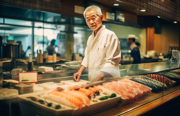 Japanese sushi chef at traditional sushi counter, Kanō school craftsmanship, Edo period scene. Generated AI. - obrazy, fototapety, plakaty