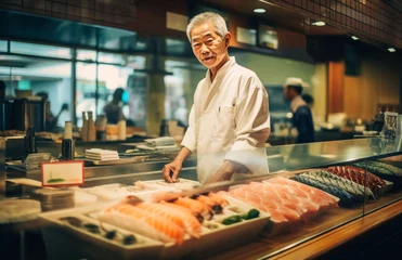 Selbstklebende Fototapeten Japanese sushi chef at traditional sushi counter, Kanō school craftsmanship, Edo period scene. Generated AI. © francodelgrando