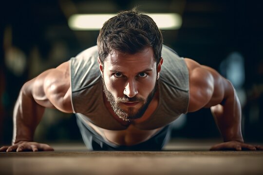 Determined Man Performing Push-ups in Gym
