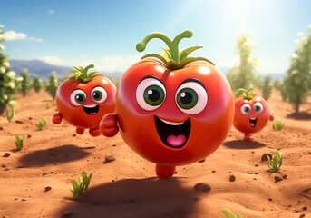 Happy cartoon of fresh tomato running in a field with a big smile. AI generated